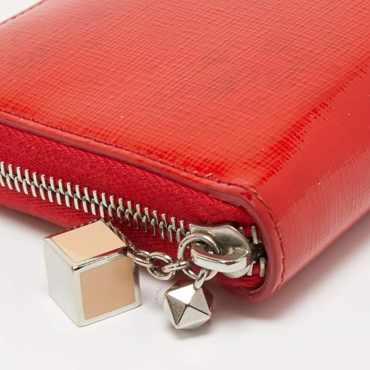 Pre Owned Fendi Red Patent Leather Zip Around Continental Wallet