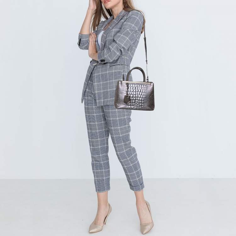 Pre Owned Fendi Silver/Brown Croc Embossed Patent Leather Small 2Jours Tote