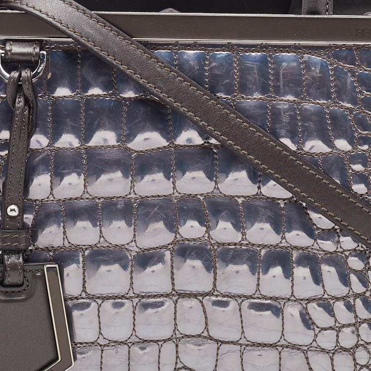 Pre Owned Fendi Silver/Brown Croc Embossed Patent Leather Small 2Jours Tote