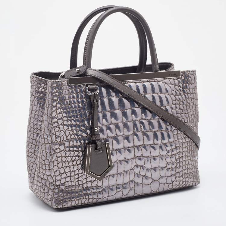 Pre Owned Fendi Silver/Brown Croc Embossed Patent Leather Small 2Jours Tote