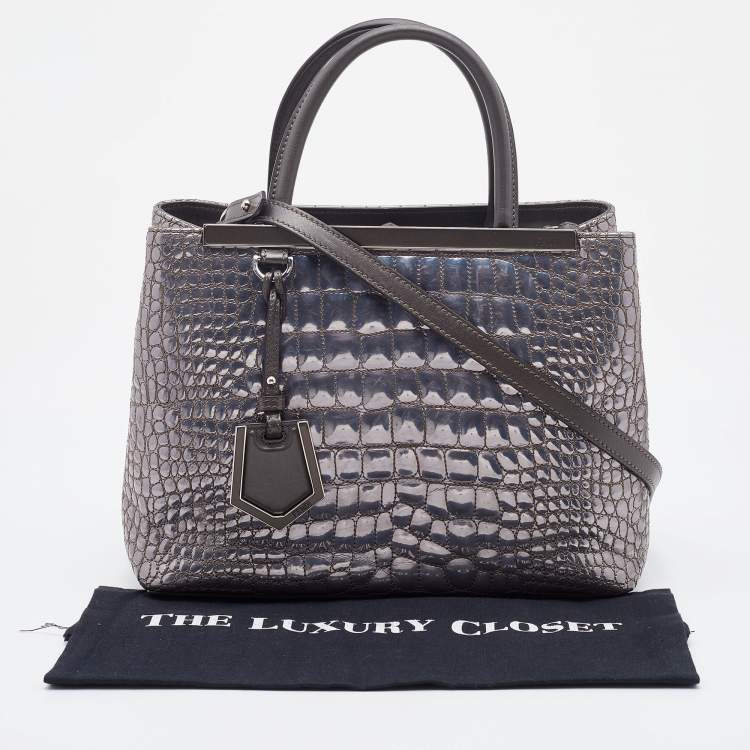 Pre Owned Fendi Silver/Brown Croc Embossed Patent Leather Small 2Jours Tote