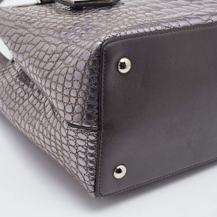 Pre Owned Fendi Silver/Brown Croc Embossed Patent Leather Small 2Jours Tote