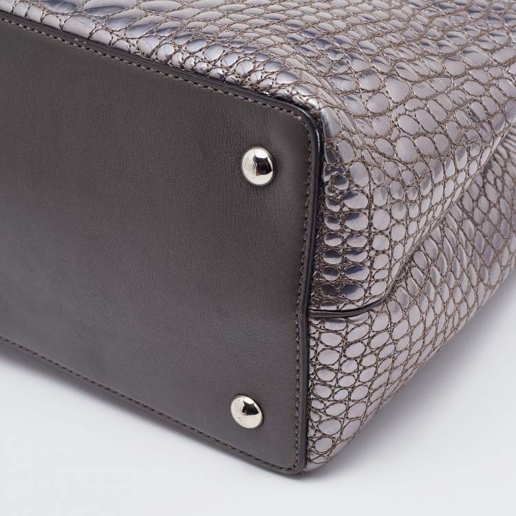 Pre Owned Fendi Silver/Brown Croc Embossed Patent Leather Small 2Jours Tote