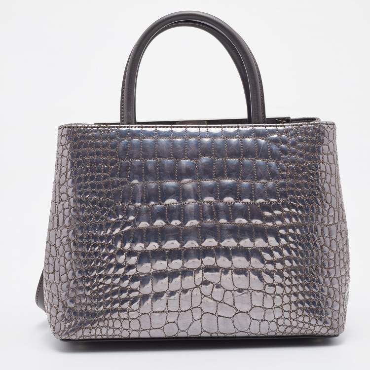 Pre Owned Fendi Silver/Brown Croc Embossed Patent Leather Small 2Jours Tote