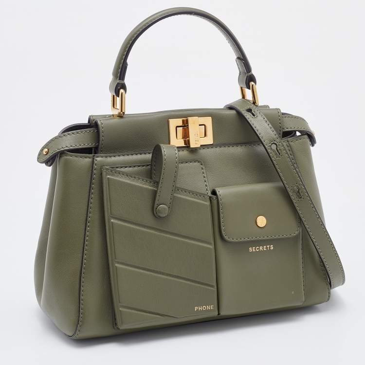Pre Owned Fendi Olive Green Leather Mini Peekaboo Front Pocket Top Handle Bag