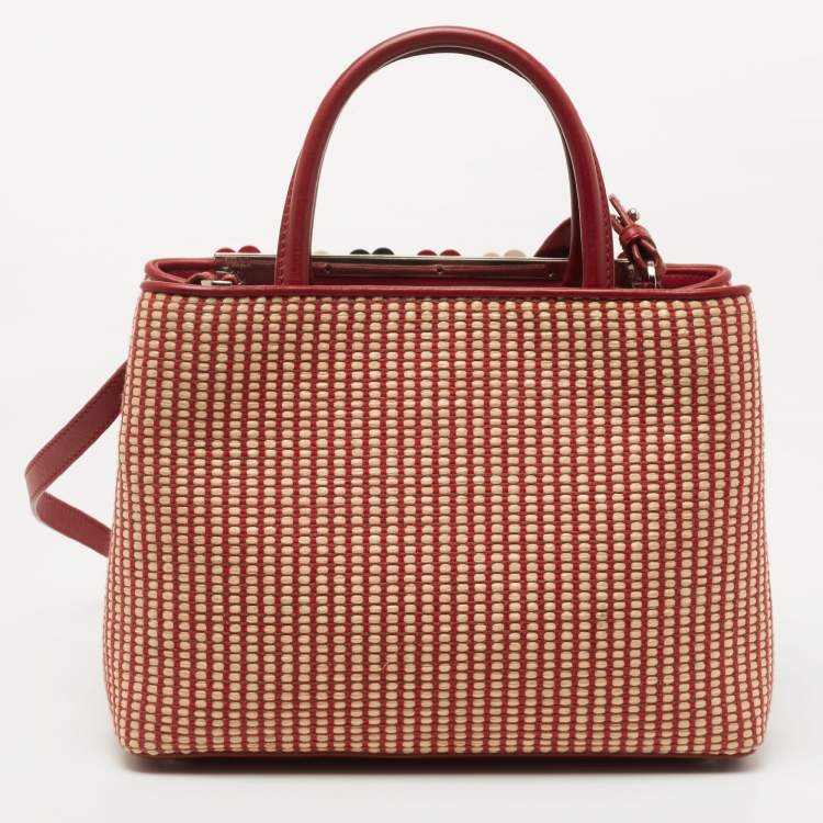 Pre Owned Fendi Red/Beige Raffia and Leather Mini Flowerland Embellished 2Jours Tote