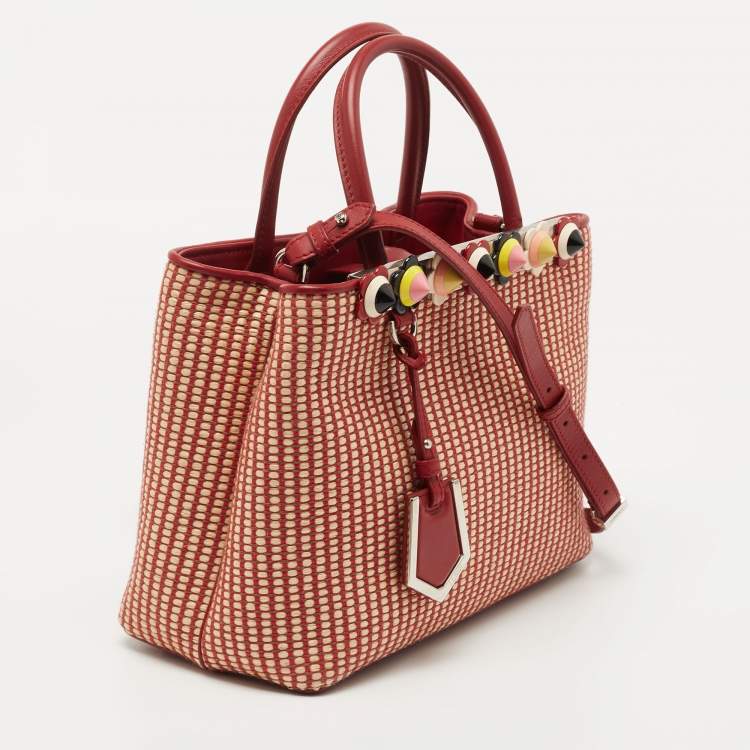 Pre Owned Fendi Red/Beige Raffia and Leather Mini Flowerland Embellished 2Jours Tote