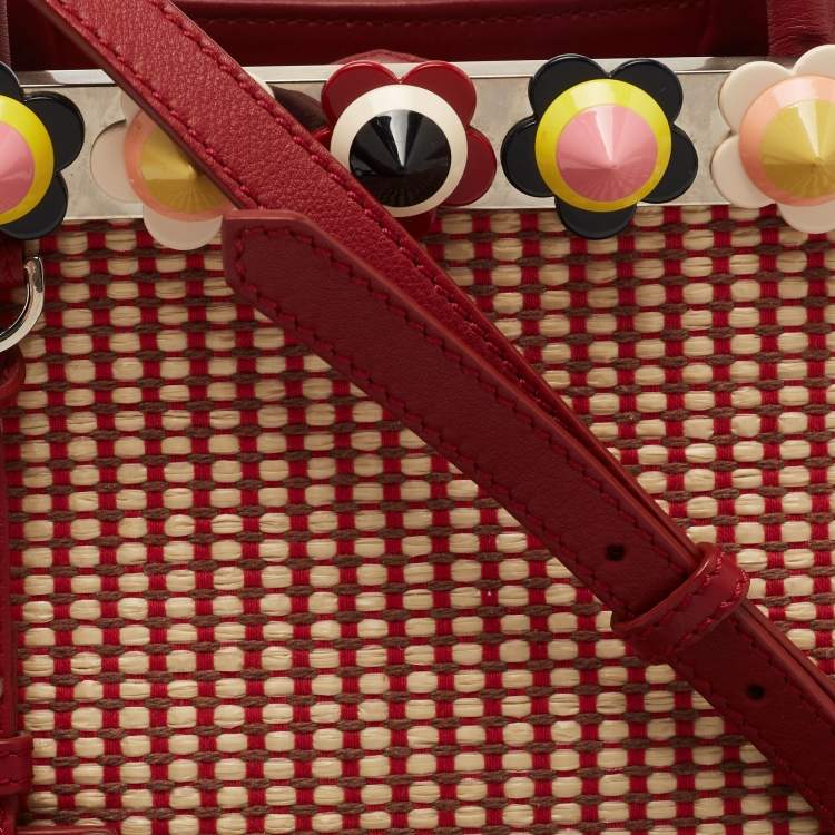 Pre Owned Fendi Red/Beige Raffia and Leather Mini Flowerland Embellished 2Jours Tote