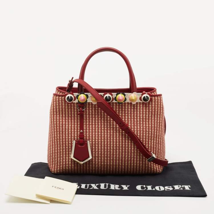 Pre Owned Fendi Red/Beige Raffia and Leather Mini Flowerland Embellished 2Jours Tote