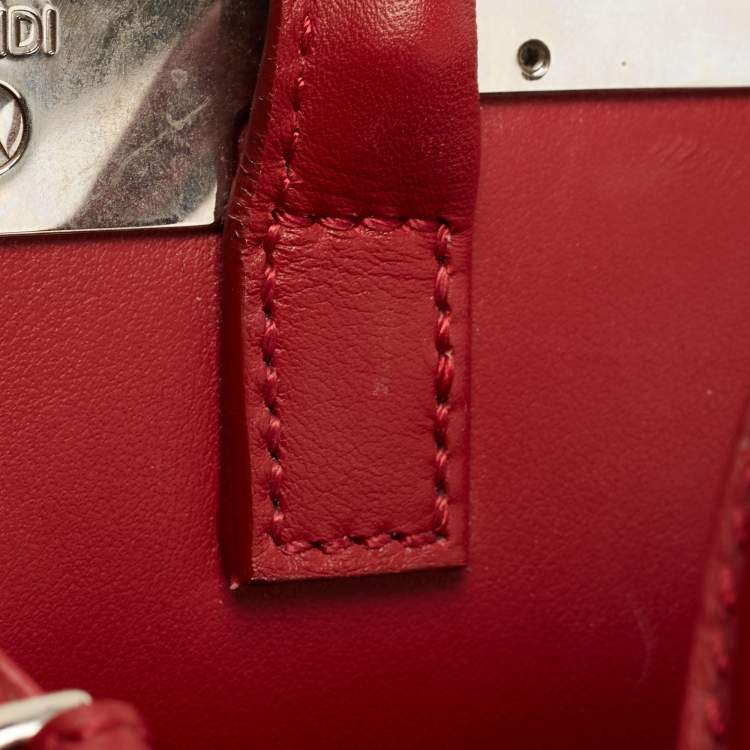 Pre Owned Fendi Red/Beige Raffia and Leather Mini Flowerland Embellished 2Jours Tote