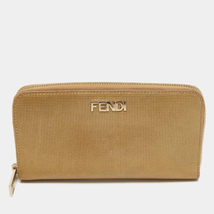 Pre Owned Fendi Gold Textured Leather Zip Around Continental Wallet