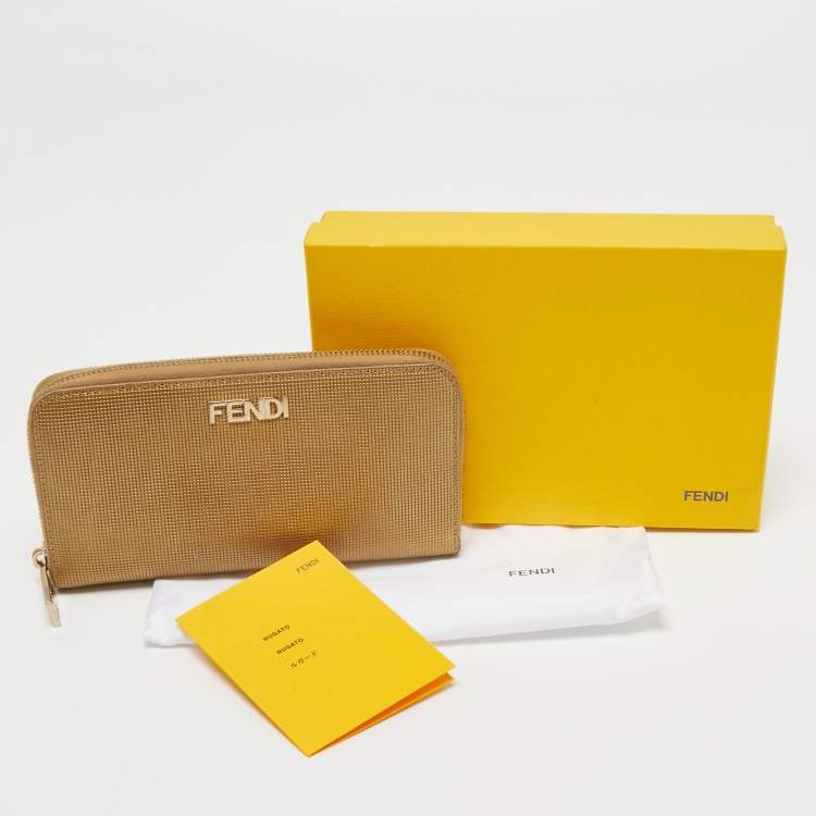 Pre Owned Fendi Gold Textured Leather Zip Around Continental Wallet