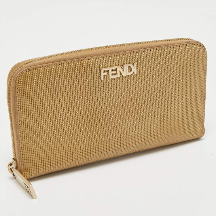 Pre Owned Fendi Gold Textured Leather Zip Around Continental Wallet