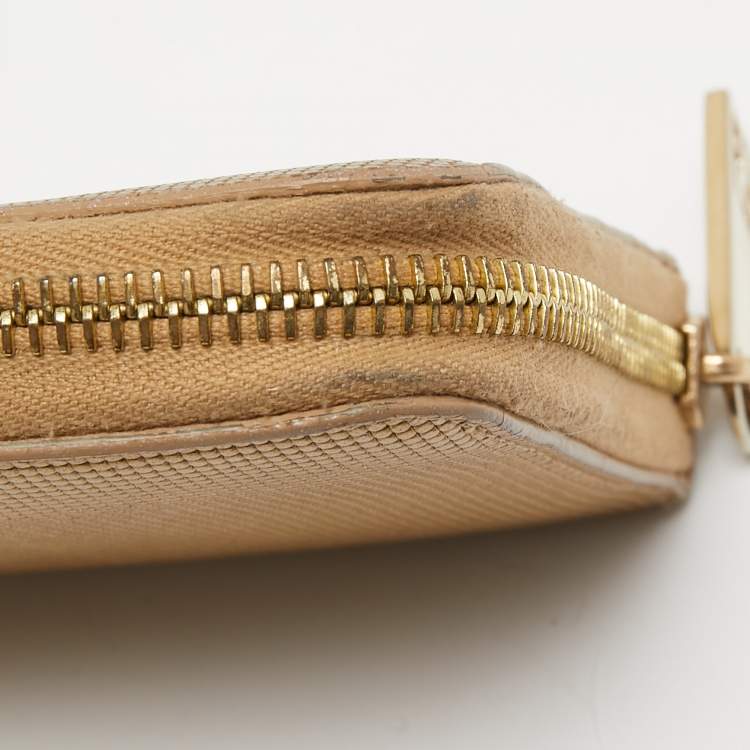 Pre Owned Fendi Gold Textured Leather Zip Around Continental Wallet