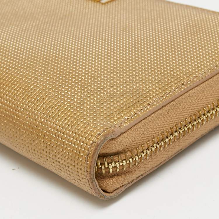 Pre Owned Fendi Gold Textured Leather Zip Around Continental Wallet