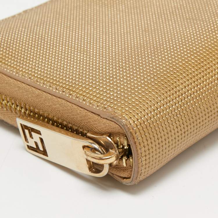 Pre Owned Fendi Gold Textured Leather Zip Around Continental Wallet