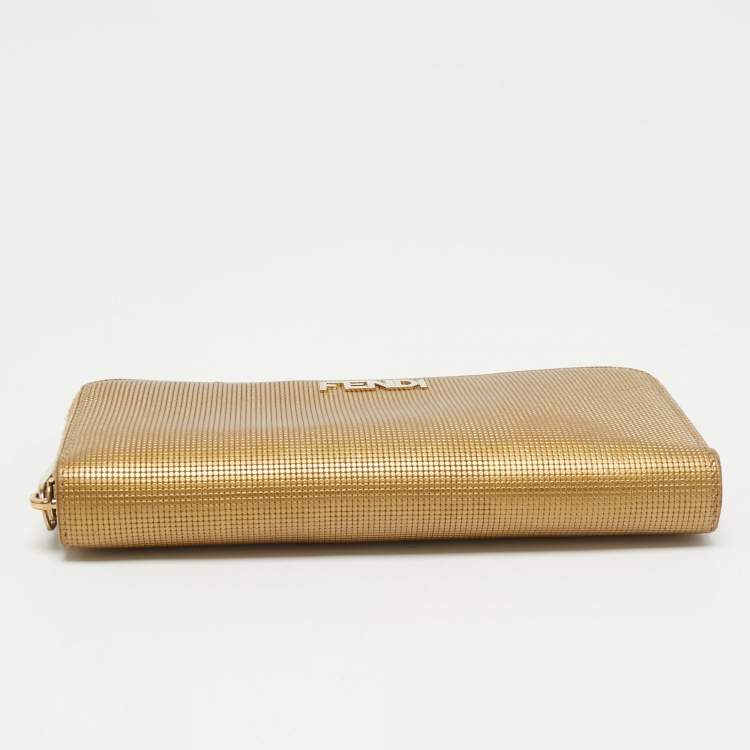 Pre Owned Fendi Gold Textured Leather Zip Around Continental Wallet