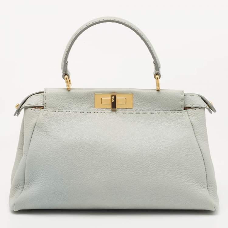Pre Owned Fendi Light Blue Selleria Leather Made To Order Peekaboo Top Handle Bag