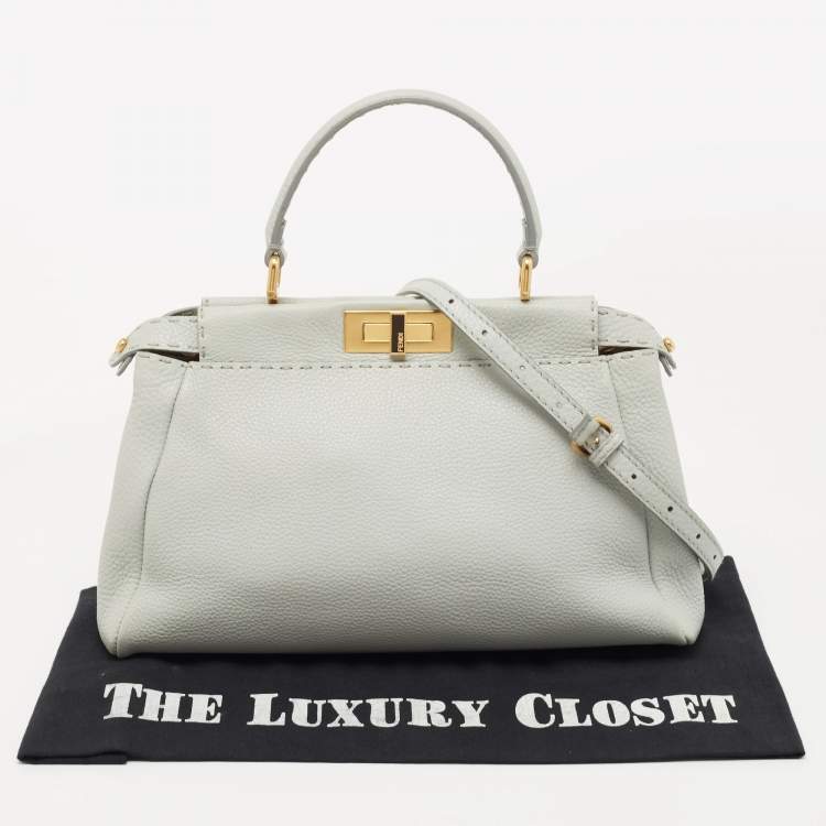 Pre Owned Fendi Light Blue Selleria Leather Made To Order Peekaboo Top Handle Bag