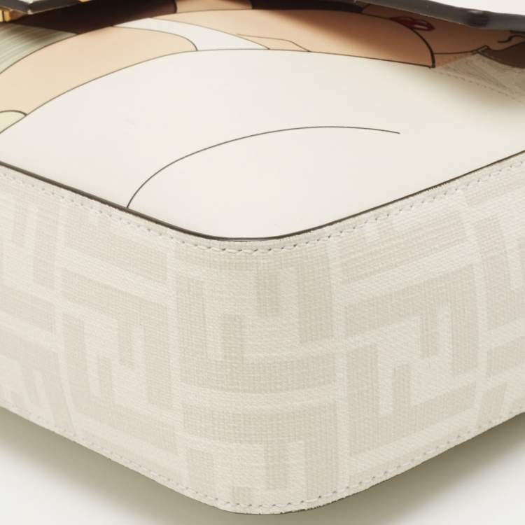 Pre Owned Fendi White FF Glazed Coated Canvas and Leather Inlay Baguette Shoulder Bag