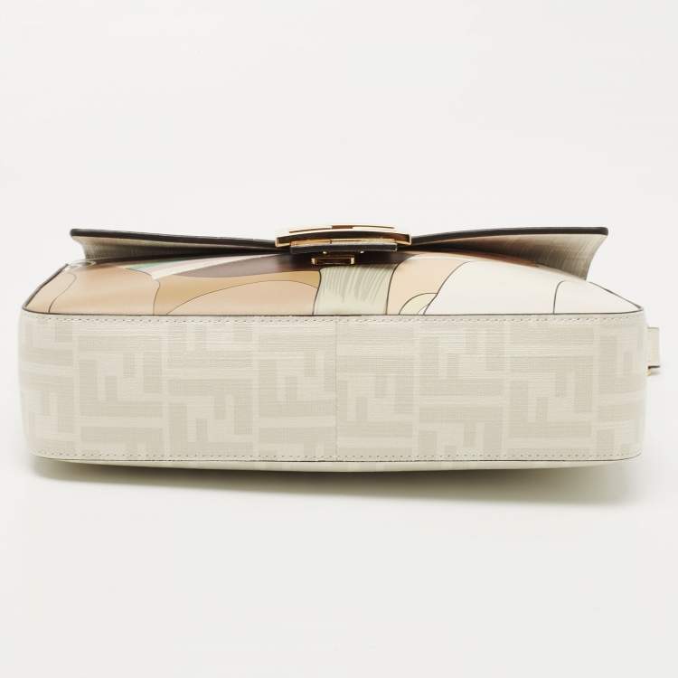 Pre Owned Fendi White FF Glazed Coated Canvas and Leather Inlay Baguette Shoulder Bag