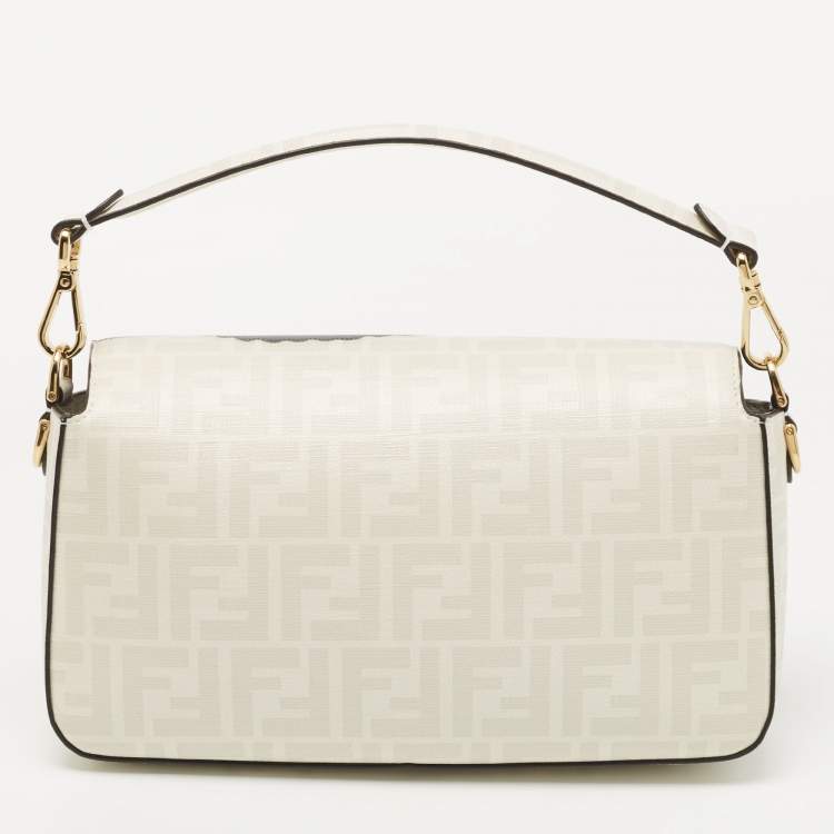 Pre Owned Fendi White FF Glazed Coated Canvas and Leather Inlay Baguette Shoulder Bag