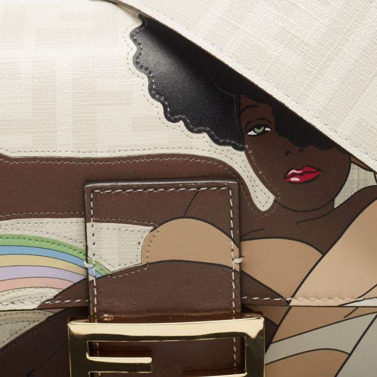 Pre Owned Fendi White FF Glazed Coated Canvas and Leather Inlay Baguette Shoulder Bag
