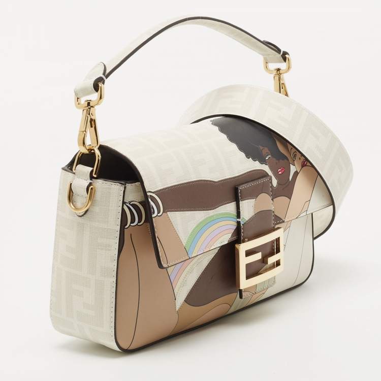 Pre Owned Fendi White FF Glazed Coated Canvas and Leather Inlay Baguette Shoulder Bag
