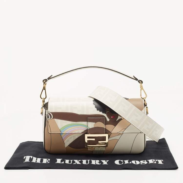 Pre Owned Fendi White FF Glazed Coated Canvas and Leather Inlay Baguette Shoulder Bag