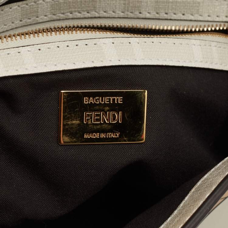 Pre Owned Fendi White FF Glazed Coated Canvas and Leather Inlay Baguette Shoulder Bag
