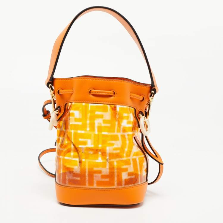 Pre Owned Fendi Orange Zucca PVC and Leather Mini Mon Tresor Drawstring Bucket Bag