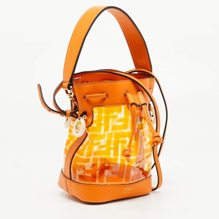 Pre Owned Fendi Orange Zucca PVC and Leather Mini Mon Tresor Drawstring Bucket Bag