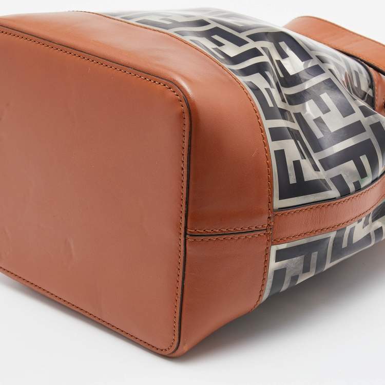 Pre Owned Fendi Brown/Black Leather and PVC FF Logo Print Mon Tresor Bucket Bag