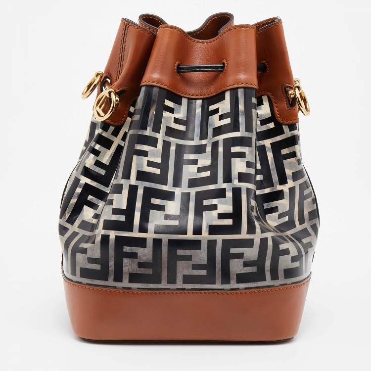Pre Owned Fendi Brown/Black Leather and PVC FF Logo Print Mon Tresor Bucket Bag