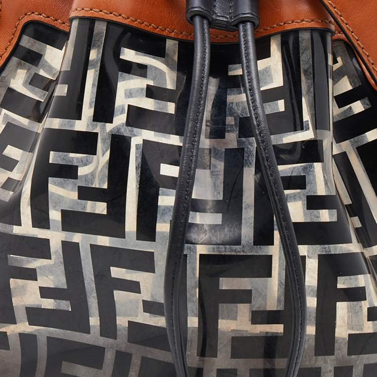 Pre Owned Fendi Brown/Black Leather and PVC FF Logo Print Mon Tresor Bucket Bag