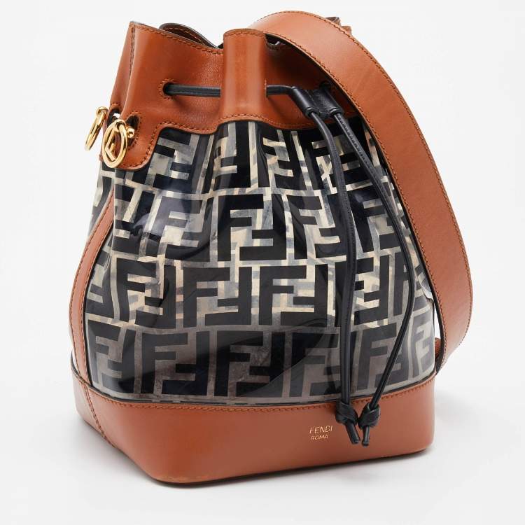 Pre Owned Fendi Brown/Black Leather and PVC FF Logo Print Mon Tresor Bucket Bag