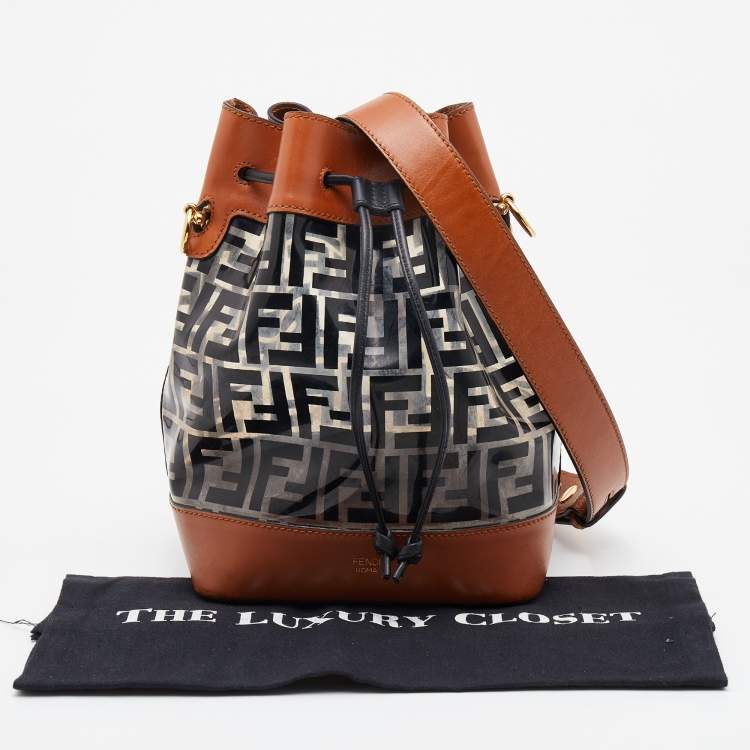 Pre Owned Fendi Brown/Black Leather and PVC FF Logo Print Mon Tresor Bucket Bag