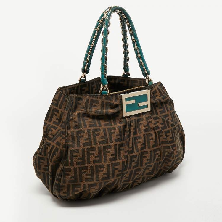 Pre Owned Fendi Tobacco/Teal Zucca Canvas and Patent Leather Large Mia Hobo