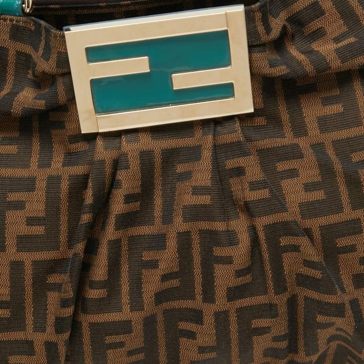 Pre Owned Fendi Tobacco/Teal Zucca Canvas and Patent Leather Large Mia Hobo