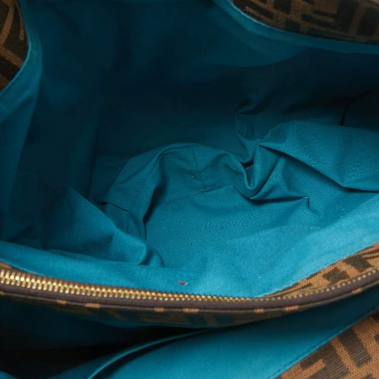 Pre Owned Fendi Tobacco/Teal Zucca Canvas and Patent Leather Large Mia Hobo