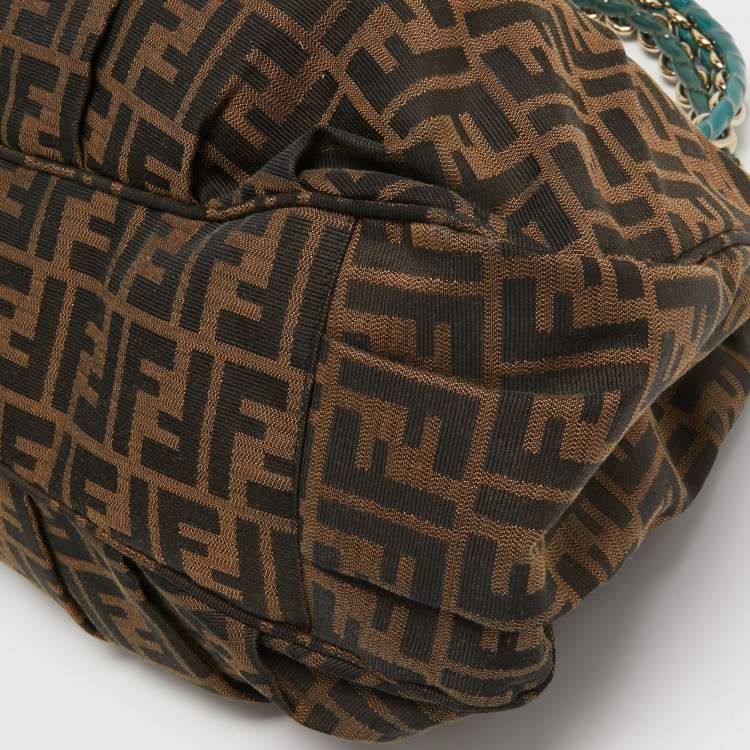 Pre Owned Fendi Tobacco/Teal Zucca Canvas and Patent Leather Large Mia Hobo