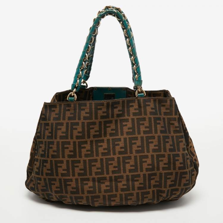 Pre Owned Fendi Tobacco/Teal Zucca Canvas and Patent Leather Large Mia Hobo