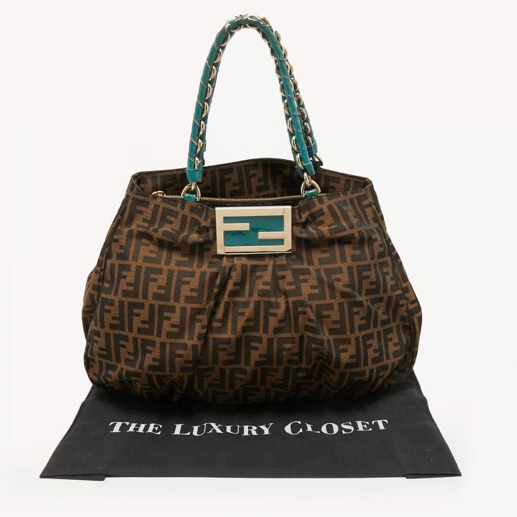Pre Owned Fendi Tobacco/Teal Zucca Canvas and Patent Leather Large Mia Hobo
