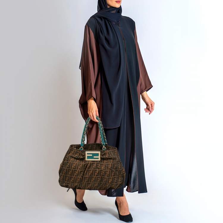 Pre Owned Fendi Tobacco/Teal Zucca Canvas and Patent Leather Large Mia Hobo