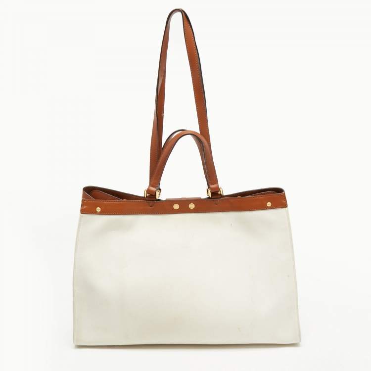 Pre Owned Fendi Brown/Off White FF Embroidery Canvas Medium X Shopper Tote