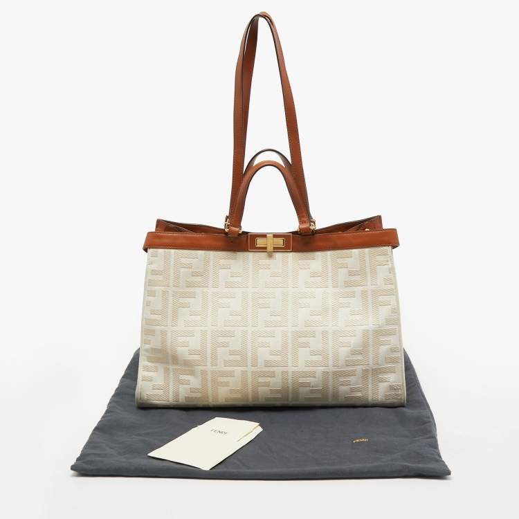 Pre Owned Fendi Brown/Off White FF Embroidery Canvas Medium X Shopper Tote