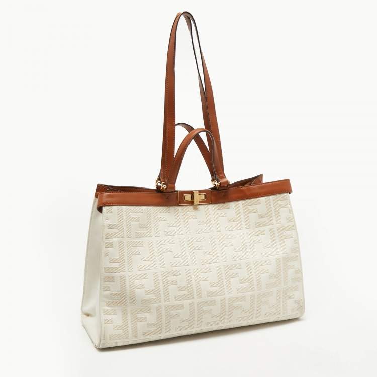 Pre Owned Fendi Brown/Off White FF Embroidery Canvas Medium X Shopper Tote