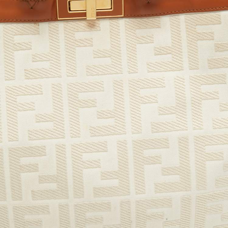 Pre Owned Fendi Brown/Off White FF Embroidery Canvas Medium X Shopper Tote