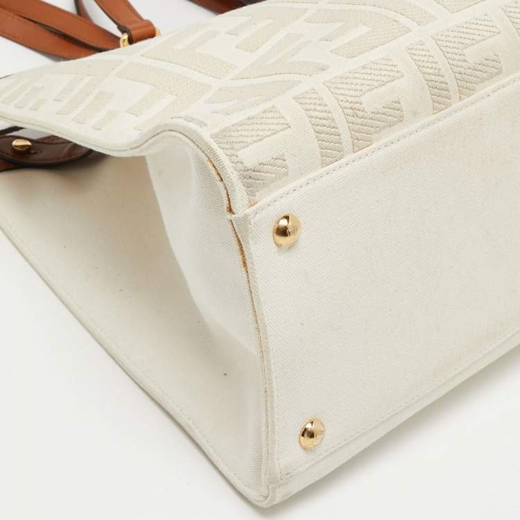 Pre Owned Fendi Brown/Off White FF Embroidery Canvas Medium X Shopper Tote