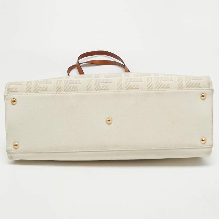 Pre Owned Fendi Brown/Off White FF Embroidery Canvas Medium X Shopper Tote